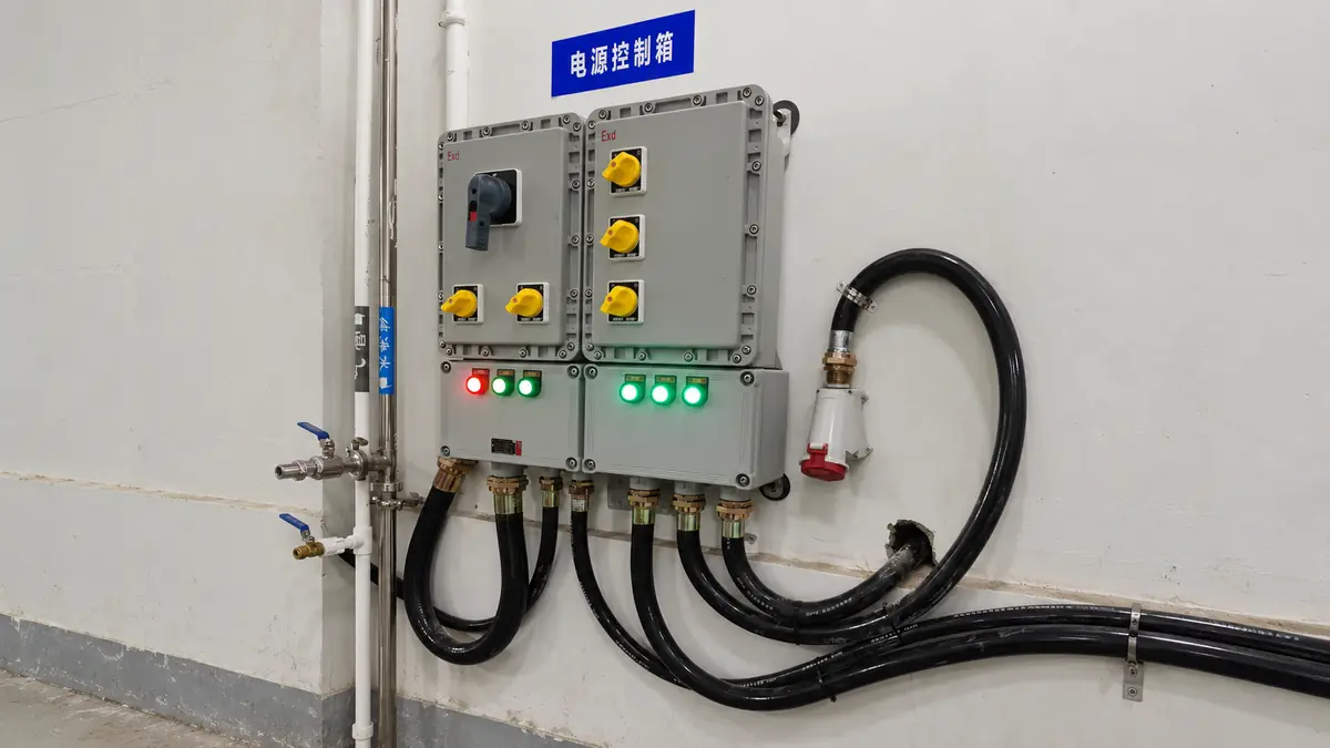 Material Selection Guide for Explosion-Proof Enclosures Cast aluminum explosion-proof control boxes with cable connections in an industrial facility