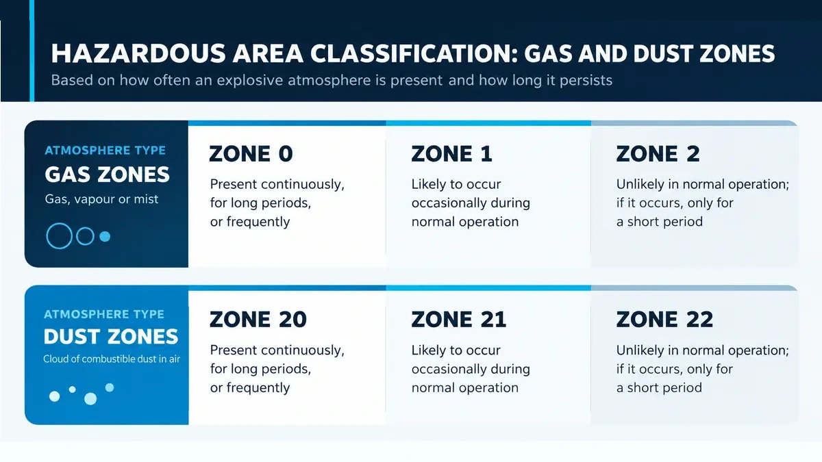 Hazardous Area Classification: Gas and Dust Zones Explained Gas and dust hazardous area classification for Zones 0, 1, 2, 20, 21 and 22